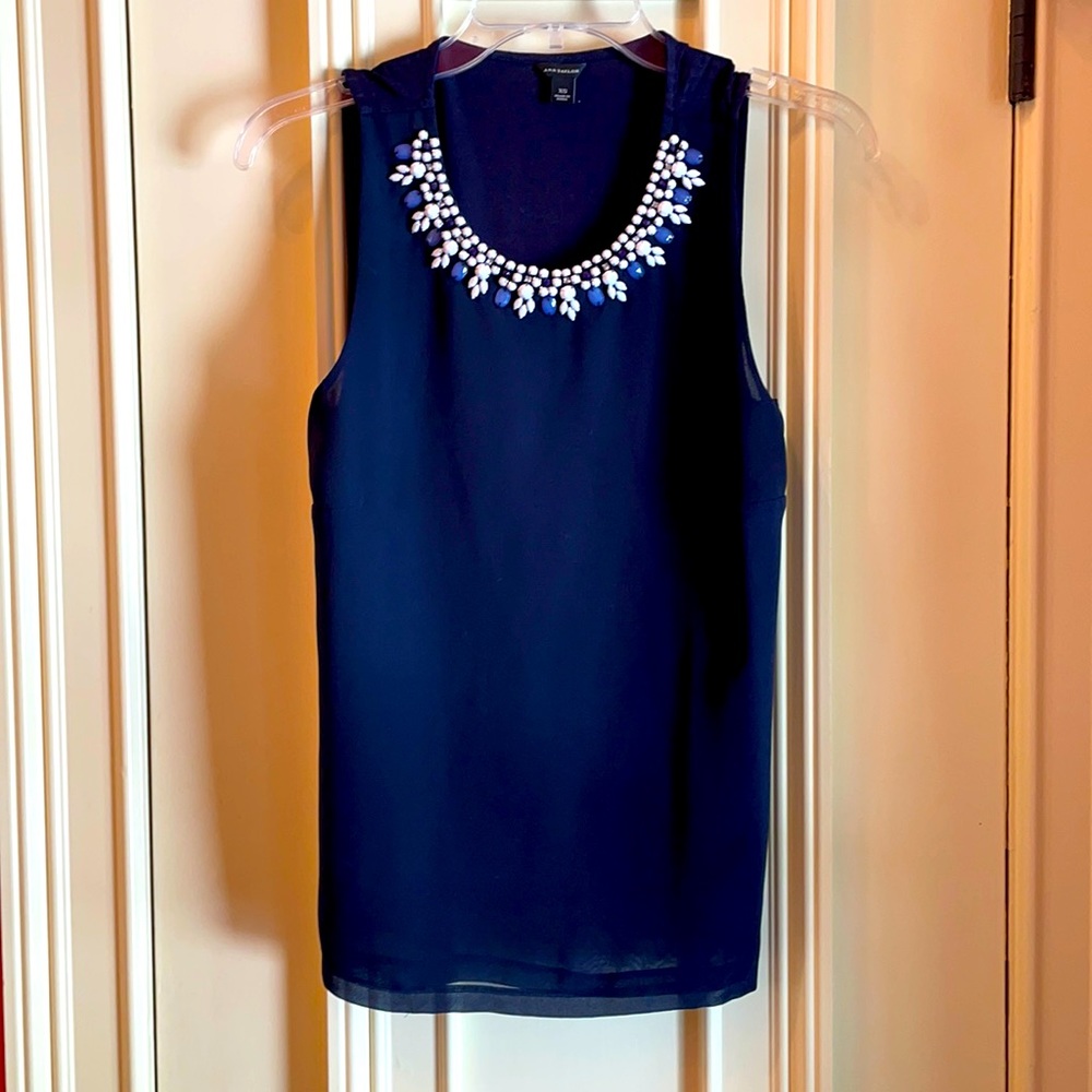 Ann Taylor navy top with stones neckline